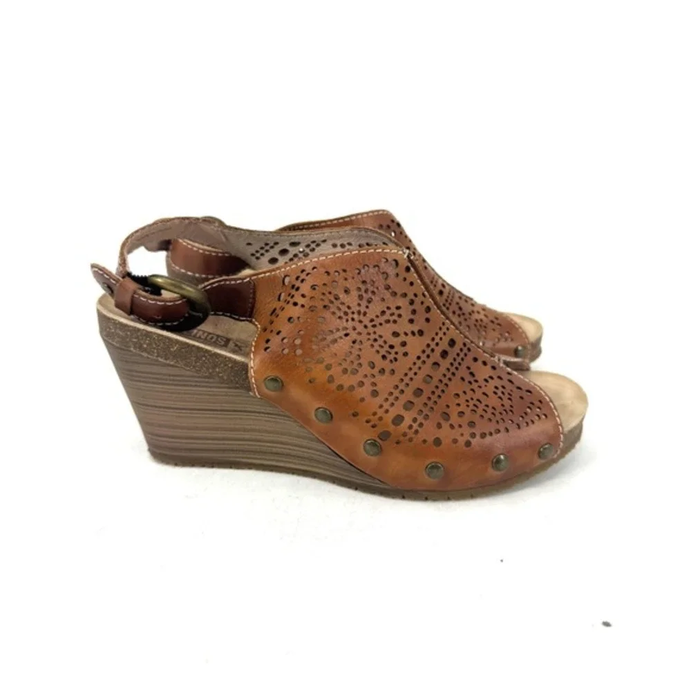 Pikolinos Women Brown Leather‎ Laser Cut Perforated Wedge Sandals Size 38 - Picture 2 of 6